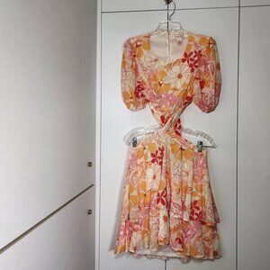 Flying Tomato Floral Print Mini Dress Twisted Cutout Waist T Ruffle Skirt Size L